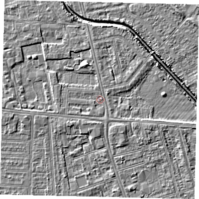 Shaded relief map of the ground around HU67LD, computed from Environment Agency LiDAR. The ground here sits at about 2 m above sea level and falls 5 m across the surrounding 800 m. Surface water reaching this point runs off ground lying to the north-north-east, 1.1 m higher.