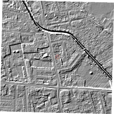 Shaded relief map of the ground around HU67LH, computed from Environment Agency LiDAR. The ground here sits at about 2 m above sea level and falls 5 m across the surrounding 800 m. Surface water reaching this point runs off ground lying to the south-east, 1.1 m higher.