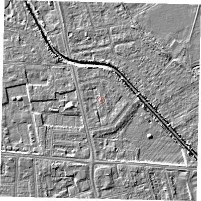 Shaded relief map of the ground around HU67LP, computed from Environment Agency LiDAR. The ground here sits at about 3 m above sea level and falls 6 m across the surrounding 800 m. Surface water reaching this point runs off ground lying to the west-north-west, 0.9 m higher.