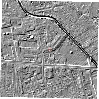 Shaded relief map of the ground around HU67LR, computed from Environment Agency LiDAR. The ground here sits at about 3 m above sea level and falls 6 m across the surrounding 800 m. Surface water reaching this point runs off ground lying to the east-north-east, 2.8 m higher.