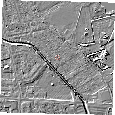 Shaded relief map of the ground around HU67LT, computed from Environment Agency LiDAR. The ground here sits at about 2 m above sea level and falls 6 m across the surrounding 800 m. Surface water reaching this point runs off ground lying to the east, 2.5 m higher.