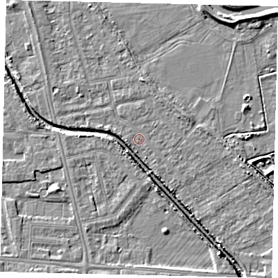 Shaded relief map of the ground around HU67LY, computed from Environment Agency LiDAR. The ground here sits at about 2 m above sea level and falls 6 m across the surrounding 800 m. Surface water reaching this point runs off ground lying to the east-south-east, 2.5 m higher.