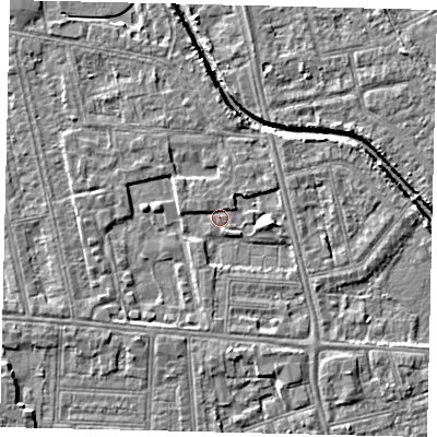 Shaded relief map of the ground around HU67NA, computed from Environment Agency LiDAR. The ground here sits at about 2 m above sea level and falls 5 m across the surrounding 800 m. Surface water reaching this point runs off ground lying to the east, 2.2 m higher.