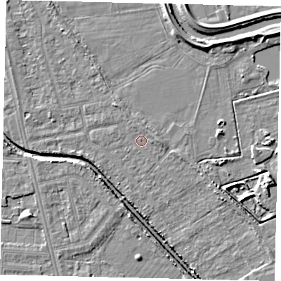 Shaded relief map of the ground around HU67ND, computed from Environment Agency LiDAR. The ground here sits at about 2 m above sea level and falls 6 m across the surrounding 800 m. Surface water reaching this point runs off ground lying to the east, 1.6 m higher.