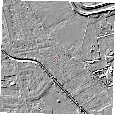 Shaded relief map of the ground around HU67NE, computed from Environment Agency LiDAR. The ground here sits at about 2 m above sea level and falls 6 m across the surrounding 800 m. Surface water reaching this point runs off ground lying to the east-north-east, 1.6 m higher.