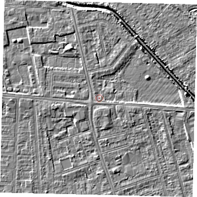Shaded relief map of the ground around HU67PA, computed from Environment Agency LiDAR. The ground here sits at about 2 m above sea level and falls 6 m across the surrounding 800 m. Surface water reaching this point runs off ground lying to the east-north-east, 2.7 m higher.