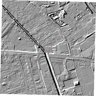 Shaded relief map of the ground around HU67PE, computed from Environment Agency LiDAR. The ground here sits at about 2 m above sea level and falls 8 m across the surrounding 800 m. Surface water reaching this point runs off ground lying to the south, 1.6 m higher.