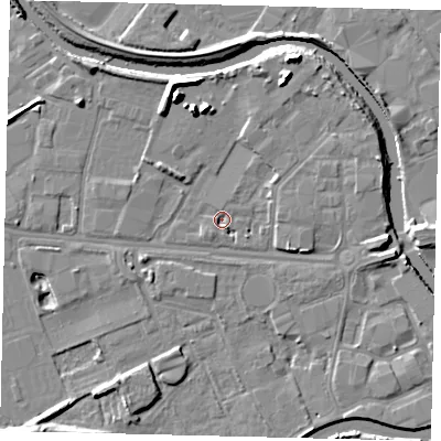 Shaded relief map of the ground around HU67PY, computed from Environment Agency LiDAR. The ground here sits at about 2 m above sea level and falls 11 m across the surrounding 800 m. Surface water reaching this point runs off ground lying to the north-east, 3.8 m higher.