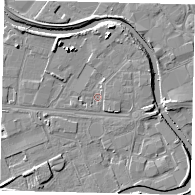 Shaded relief map of the ground around HU67QB, computed from Environment Agency LiDAR. The ground here sits at about 3 m above sea level and falls 11 m across the surrounding 800 m. Surface water reaching this point runs off ground lying to the north-north-east, 3.8 m higher.