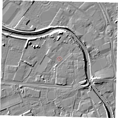 Shaded relief map of the ground around HU67QD, computed from Environment Agency LiDAR. The ground here sits at about 4 m above sea level and falls 10 m across the surrounding 800 m. Surface water reaching this point runs off ground lying to the north-north-east, 2.0 m higher.