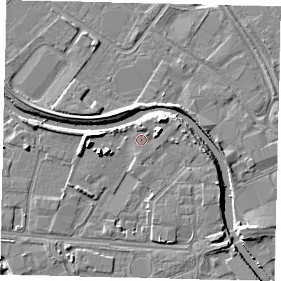 Shaded relief map of the ground around HU67QH, computed from Environment Agency LiDAR. The ground here sits at about 4 m above sea level and falls 12 m across the surrounding 800 m. Surface water reaching this point runs off ground lying to the north-east, 6.9 m higher.