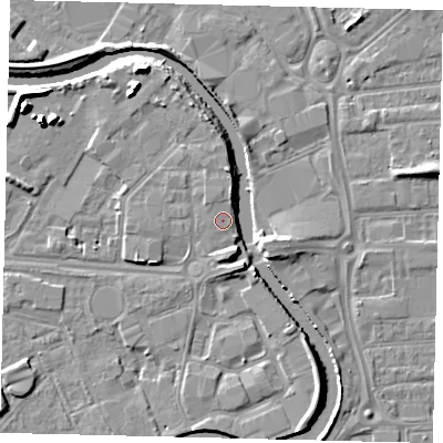 Shaded relief map of the ground around HU67QN, computed from Environment Agency LiDAR. The ground here sits at about 4 m above sea level and falls 10 m across the surrounding 800 m. Surface water reaching this point runs off ground lying to the north, 0.9 m higher.