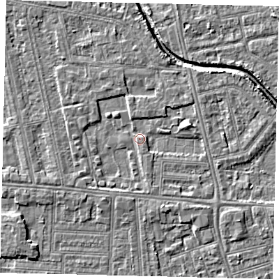 Shaded relief map of the ground around HU67QZ, computed from Environment Agency LiDAR. The ground here sits at about 3 m above sea level and falls 4 m across the surrounding 800 m. Surface water reaching this point runs off ground lying to the east-north-east, 2.2 m higher.