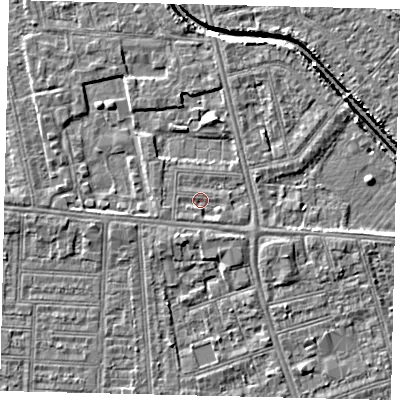 Shaded relief map of the ground around HU67RE, computed from Environment Agency LiDAR. The ground here sits at about 2 m above sea level and falls 5 m across the surrounding 800 m. Surface water reaching this point runs off ground lying to the south, 0.9 m higher.