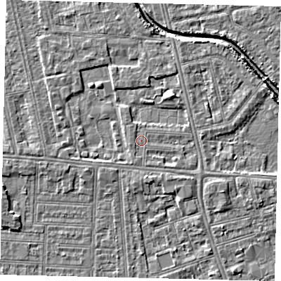 Shaded relief map of the ground around HU67RG, computed from Environment Agency LiDAR. The ground here sits at about 2 m above sea level and falls 5 m across the surrounding 800 m. Surface water reaching this point runs off ground lying to the west-south-west, 0.6 m higher.