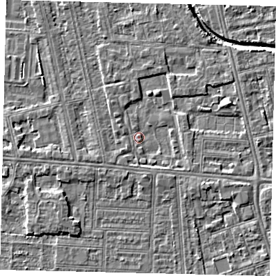 Shaded relief map of the ground around HU67RJ, computed from Environment Agency LiDAR. The ground here sits at about 2 m above sea level and falls 4 m across the surrounding 800 m. Surface water reaching this point runs off ground lying to the east-north-east, 2.2 m higher.