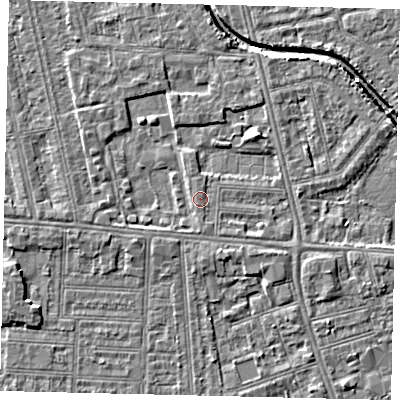 Shaded relief map of the ground around HU67RN, computed from Environment Agency LiDAR. The ground here sits at about 3 m above sea level and falls 4 m across the surrounding 800 m. Surface water reaching this point runs off ground lying to the south-south-west, 0.6 m higher.