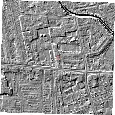Shaded relief map of the ground around HU67RP, computed from Environment Agency LiDAR. The ground here sits at about 3 m above sea level and falls 4 m across the surrounding 800 m. Surface water reaching this point runs off ground lying to the south-south-west, 1.2 m higher.