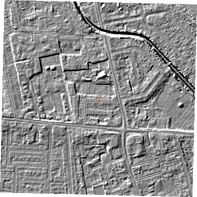 Shaded relief map of the ground around HU67RQ, computed from Environment Agency LiDAR. The ground here sits at about 2 m above sea level and falls 5 m across the surrounding 800 m. Surface water reaching this point runs off ground lying to the east-north-east, 1.2 m higher.
