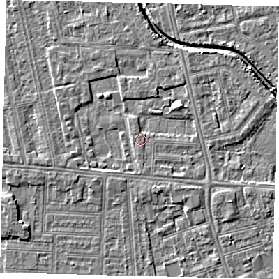 Shaded relief map of the ground around HU67RR, computed from Environment Agency LiDAR. The ground here sits at about 3 m above sea level and falls 4 m across the surrounding 800 m. Surface water reaching this point runs off ground lying to the north-east, 2.1 m higher.