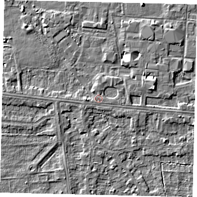 Shaded relief map of the ground around HU67RS, computed from Environment Agency LiDAR. The ground here sits at about 3 m above sea level and falls 6 m across the surrounding 800 m. Surface water reaching this point runs off ground lying to the north-east, 1.2 m higher.