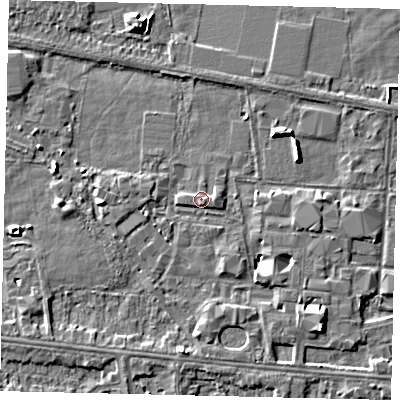 Shaded relief map of the ground around HU67RU, computed from Environment Agency LiDAR. The ground here sits at about 2 m above sea level and falls 6 m across the surrounding 800 m. Surface water reaching this point runs off ground lying to the east, 1.1 m higher.