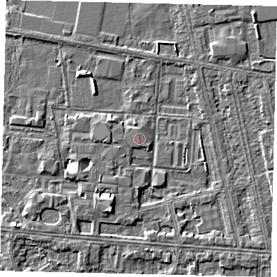 Shaded relief map of the ground around HU67RX, computed from Environment Agency LiDAR. The ground here sits at about 3 m above sea level and falls 6 m across the surrounding 800 m. The ground contributing surface water to this point lies to the north-north-west.
