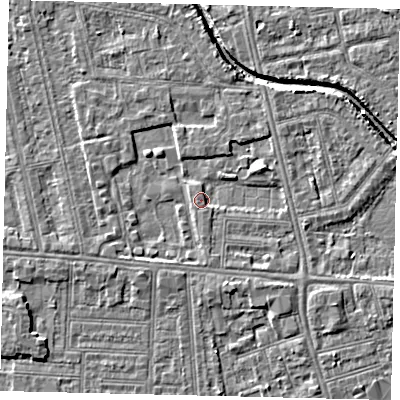 Shaded relief map of the ground around HU67SF, computed from Environment Agency LiDAR. The ground here sits at about 3 m above sea level and falls 4 m across the surrounding 800 m. Surface water reaching this point runs off ground lying to the east-north-east, 2.1 m higher.