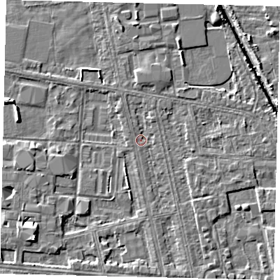 Shaded relief map of the ground around HU67ST, computed from Environment Agency LiDAR. The ground here sits at about 2 m above sea level and falls 6 m across the surrounding 800 m. Surface water reaching this point runs off ground lying to the south-south-east, 1.5 m higher.