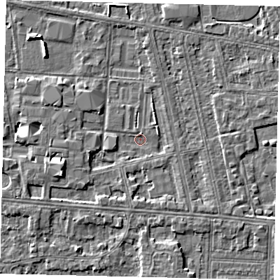 Shaded relief map of the ground around HU67SW, computed from Environment Agency LiDAR. The ground here sits at about 2 m above sea level and falls 6 m across the surrounding 800 m. Surface water reaching this point runs off ground lying to the west-south-west, 4.4 m higher.