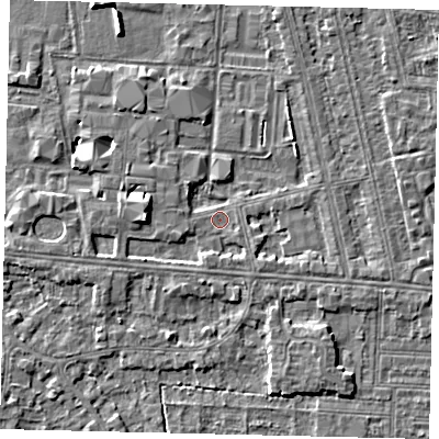 Shaded relief map of the ground around HU67SZ, computed from Environment Agency LiDAR. The ground here sits at about 2 m above sea level and falls 6 m across the surrounding 800 m. Surface water reaching this point runs off ground lying to the west, 4.2 m higher.