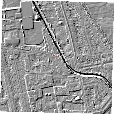 Shaded relief map of the ground around HU67TA, computed from Environment Agency LiDAR. The ground here sits at about 2 m above sea level and falls 5 m across the surrounding 800 m. Surface water reaching this point runs off ground lying to the south-east, 1.6 m higher.