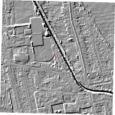Shaded relief map of the ground around HU67TB, computed from Environment Agency LiDAR. The ground here sits at about 2 m above sea level and falls 5 m across the surrounding 800 m. Surface water reaching this point runs off ground lying to the north-north-east, 2.3 m higher.