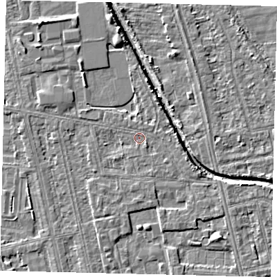 Shaded relief map of the ground around HU67TD, computed from Environment Agency LiDAR. The ground here sits at about 2 m above sea level and falls 5 m across the surrounding 800 m. Surface water reaching this point runs off ground lying to the east-south-east, 1.9 m higher.