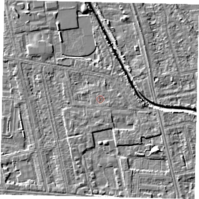 Shaded relief map of the ground around HU67TE, computed from Environment Agency LiDAR. The ground here sits at about 2 m above sea level and falls 5 m across the surrounding 800 m. The ground contributing surface water to this point lies to the east-south-east.