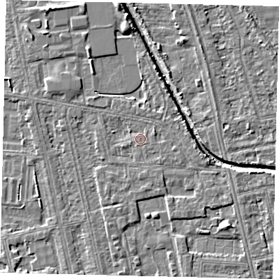 Shaded relief map of the ground around HU67TF, computed from Environment Agency LiDAR. The ground here sits at about 2 m above sea level and falls 5 m across the surrounding 800 m. Surface water reaching this point runs off ground lying to the west-south-west, 0.9 m higher.