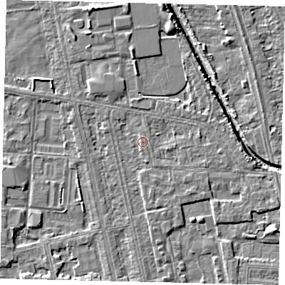 Shaded relief map of the ground around HU67TG, computed from Environment Agency LiDAR. The ground here sits at about 2 m above sea level and falls 5 m across the surrounding 800 m. Surface water reaching this point runs off ground lying to the south, 1.2 m higher.