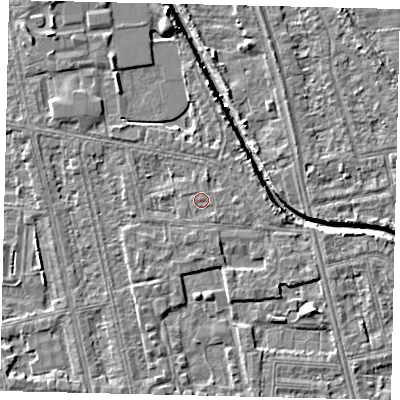 Shaded relief map of the ground around HU67TH, computed from Environment Agency LiDAR. The ground here sits at about 2 m above sea level and falls 5 m across the surrounding 800 m. The ground contributing surface water to this point lies to the south-east.