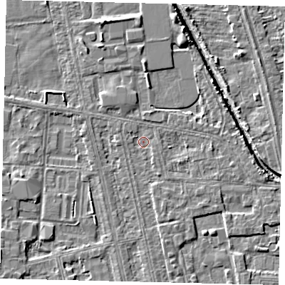 Shaded relief map of the ground around HU67TJ, computed from Environment Agency LiDAR. The ground here sits at about 2 m above sea level and falls 5 m across the surrounding 800 m. Surface water reaching this point runs off ground lying to the south-south-east, 1.4 m higher.