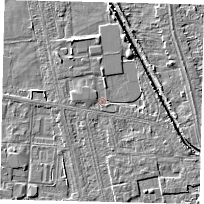 Shaded relief map of the ground around HU67TL, computed from Environment Agency LiDAR. The ground here sits at about 2 m above sea level and falls 5 m across the surrounding 800 m. Surface water reaching this point runs off ground lying to the north-north-west, 2.8 m higher.