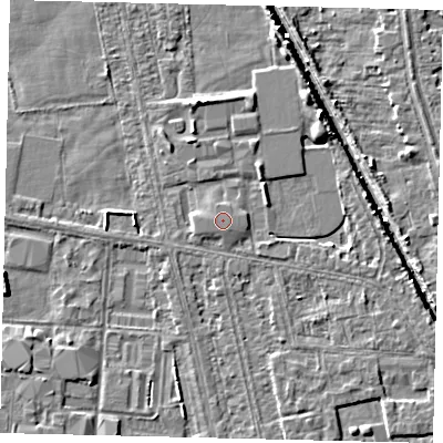 Shaded relief map of the ground around HU67TN, computed from Environment Agency LiDAR. The ground here sits at about 3 m above sea level and falls 5 m across the surrounding 800 m. The ground contributing surface water to this point lies to the north-north-west.