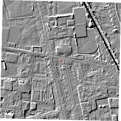 Shaded relief map of the ground around HU67TP, computed from Environment Agency LiDAR. The ground here sits at about 2 m above sea level and falls 5 m across the surrounding 800 m. Surface water reaching this point runs off ground lying to the south-south-east, 1.4 m higher.