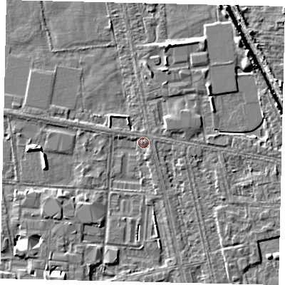 Shaded relief map of the ground around HU67TR, computed from Environment Agency LiDAR. The ground here sits at about 2 m above sea level and falls 5 m across the surrounding 800 m. Surface water reaching this point runs off ground lying to the west-north-west, 1.0 m higher.