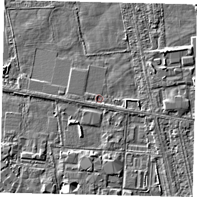 Shaded relief map of the ground around HU67TS, computed from Environment Agency LiDAR. The ground here sits at about 1 m above sea level and falls 6 m across the surrounding 800 m. Surface water reaching this point runs off ground lying to the west-south-west, 0.8 m higher.