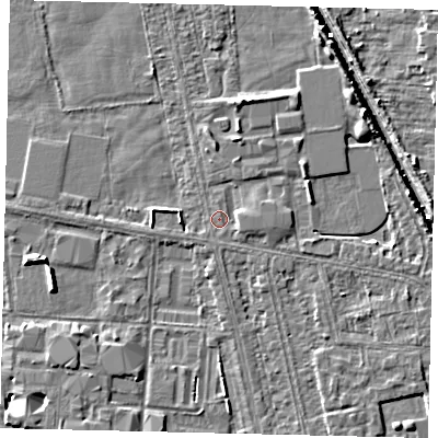 Shaded relief map of the ground around HU67TU, computed from Environment Agency LiDAR. The ground here sits at about 2 m above sea level and falls 5 m across the surrounding 800 m. Surface water reaching this point runs off ground lying to the east, 1.1 m higher.