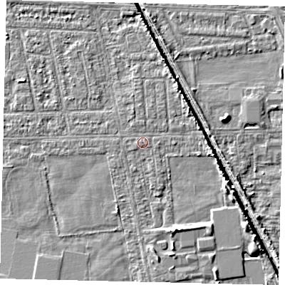 Shaded relief map of the ground around HU67UA, computed from Environment Agency LiDAR. The ground here sits at about 2 m above sea level and falls 5 m across the surrounding 800 m. The ground contributing surface water to this point lies to the north.