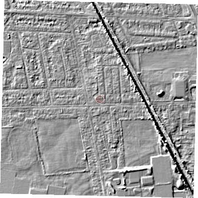 Shaded relief map of the ground around HU67UB, computed from Environment Agency LiDAR. The ground here sits at about 2 m above sea level and falls 5 m across the surrounding 800 m. The ground contributing surface water to this point lies to the east-north-east.