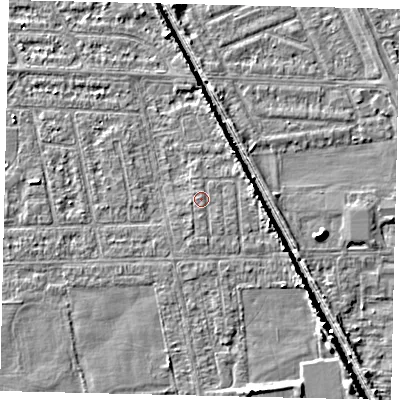 Shaded relief map of the ground around HU67UE, computed from Environment Agency LiDAR. The ground here sits at about 2 m above sea level and falls 5 m across the surrounding 800 m. The ground contributing surface water to this point lies to the south-east.