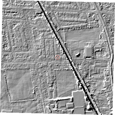 Shaded relief map of the ground around HU67UH, computed from Environment Agency LiDAR. The ground here sits at about 2 m above sea level and falls 5 m across the surrounding 800 m. Surface water reaching this point runs off ground lying to the north, 2.4 m higher.
