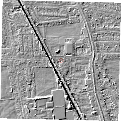 Shaded relief map of the ground around HU67UL, computed from Environment Agency LiDAR. The ground here sits at about 2 m above sea level and falls 5 m across the surrounding 800 m. Surface water reaching this point runs off ground lying to the north-north-west, 2.4 m higher.